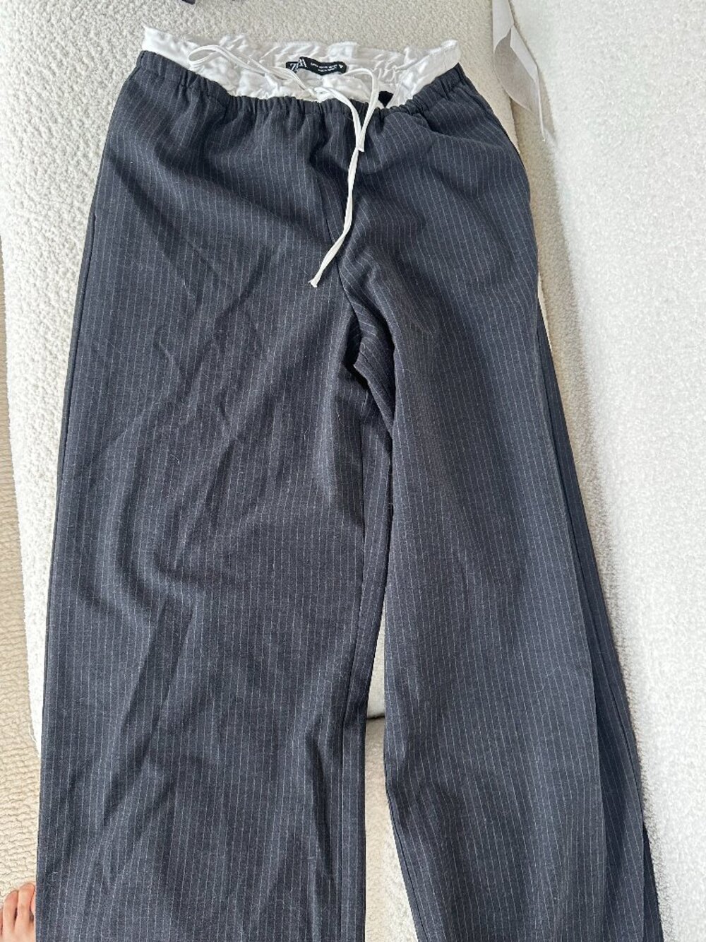 Zara Pinstripe Wide Leg Pants Satin Waistband Navy XS Made Turkey